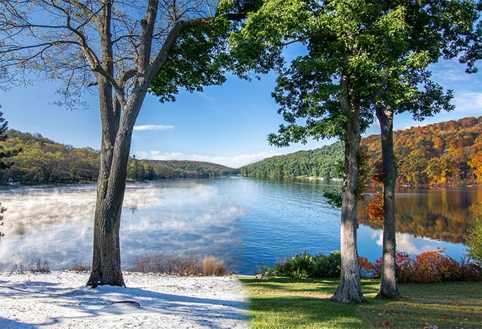 A split photo illustration of lake, both in winter and fall seasons.