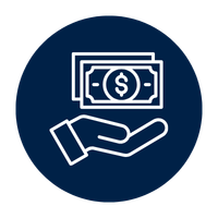 Blue circle with white outline of an icon of money with a hand outstretched beneath it to illustrate the streamlined approach to available funds with remote deposit.