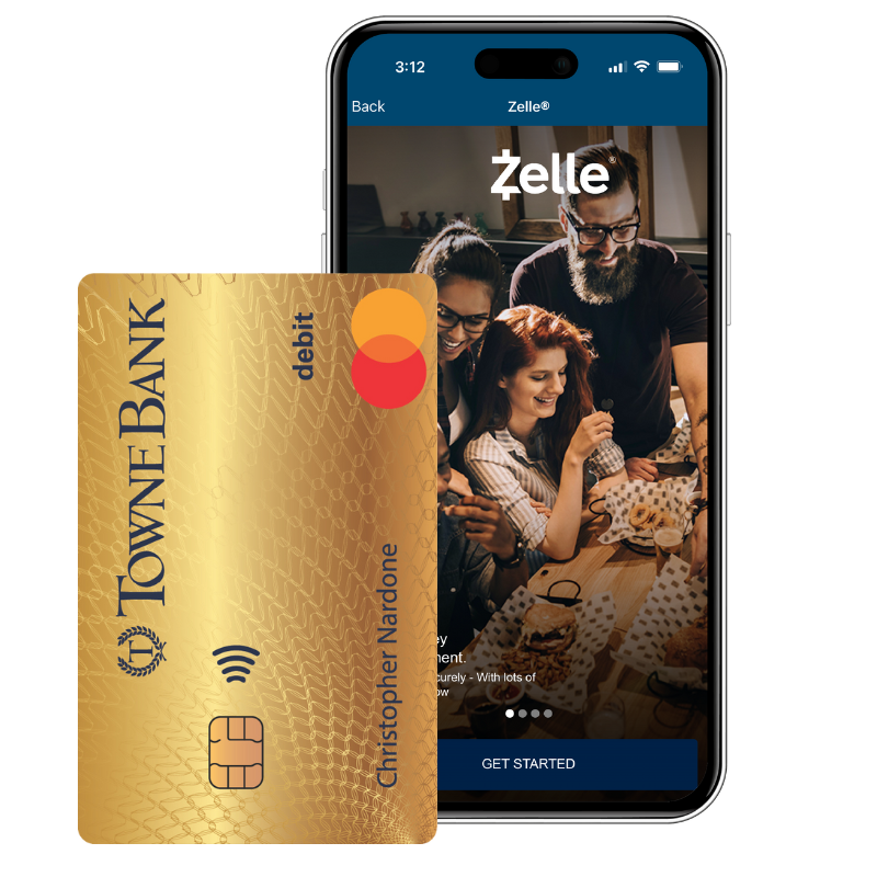 Rendering of Personal Checking Account Debit Card and Login Screen for Zelle
