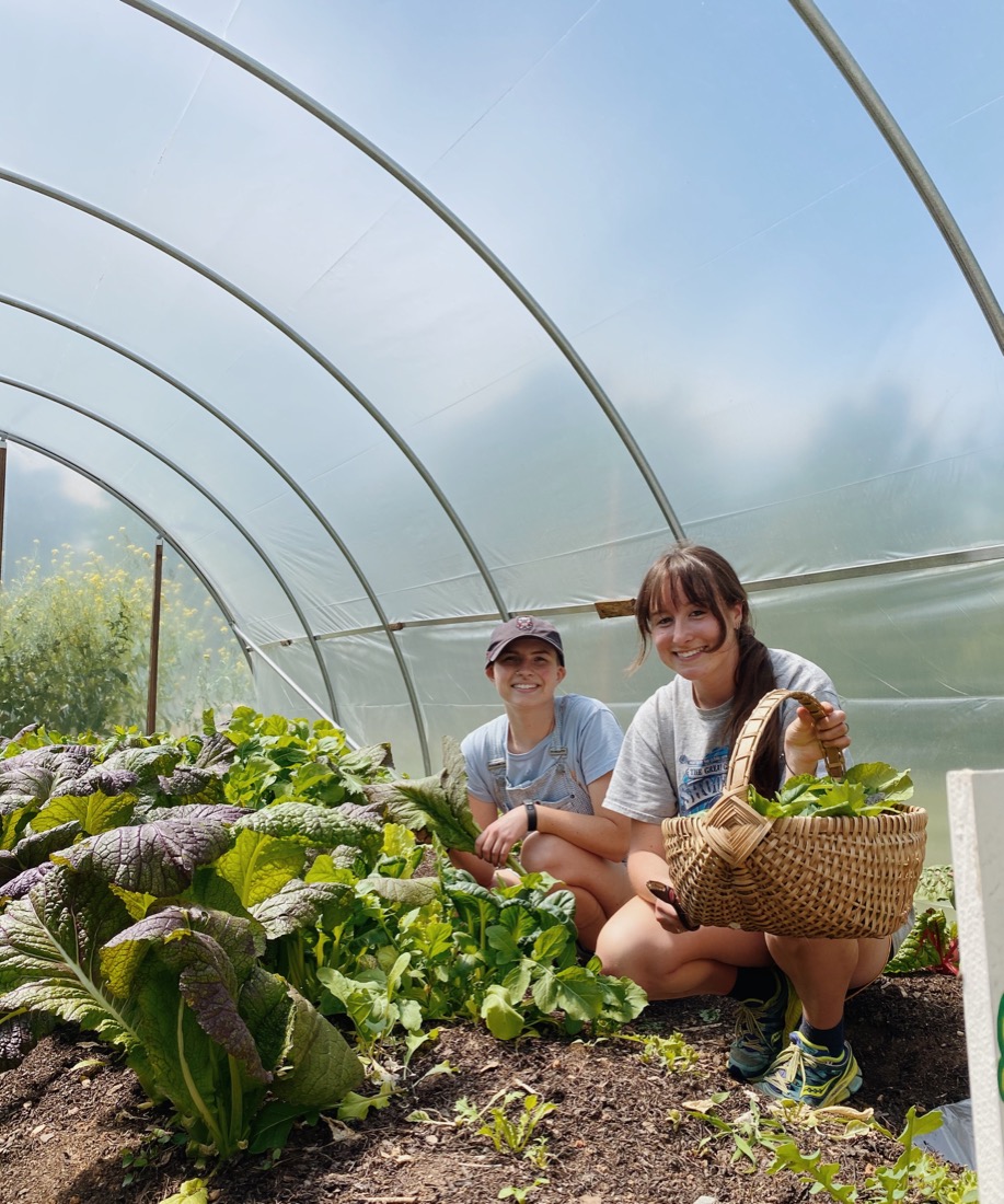 Two people posing with plants in a greenhouse.