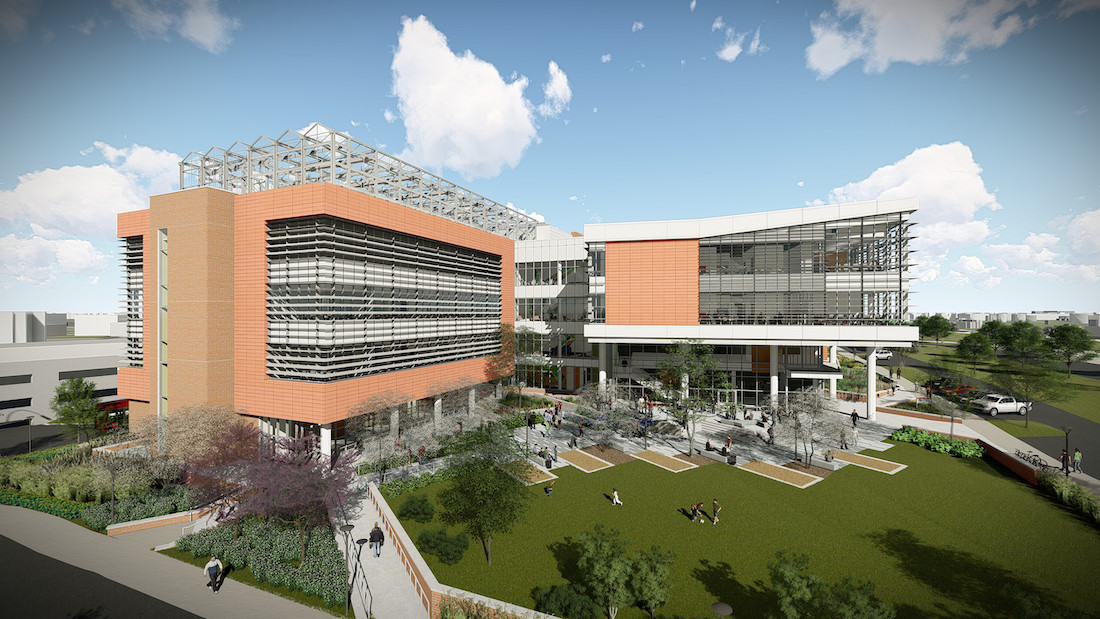 Photorealistic rendering of large university research building.