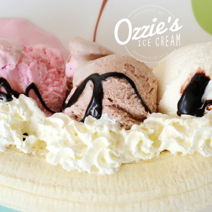 Close up photo of ice cream dessert with Ozzie's logo superimposed