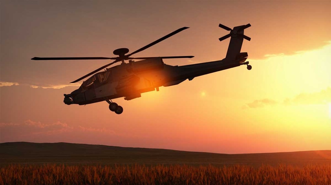 Photo of flying helicopter silhouetted against a sunset